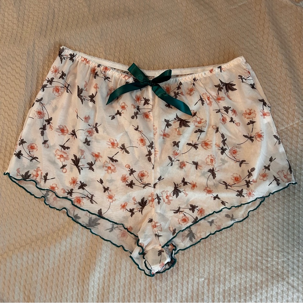 Floral Lace Trim Sheer Medium Pajama Shorts Cottagecore Romantic Bottoms Sheer